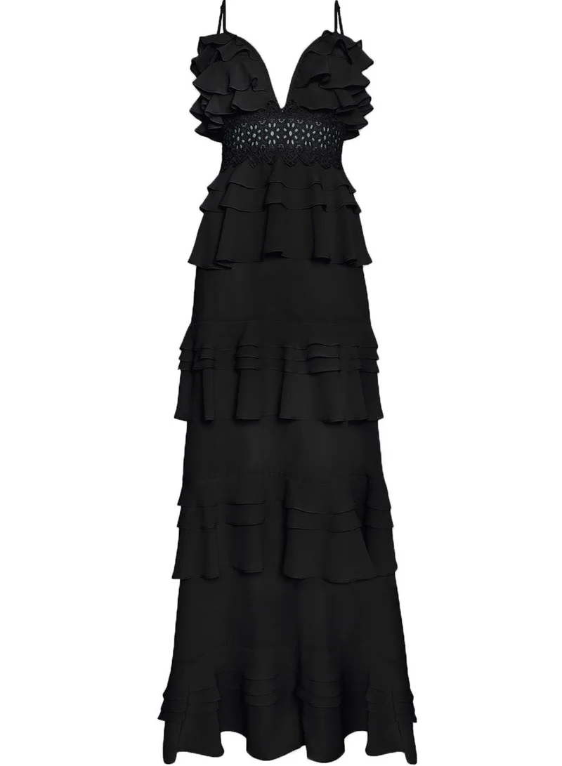 True Decadence Sophia Black Plunge Front Tiered Ruffle Maxi-Dress
