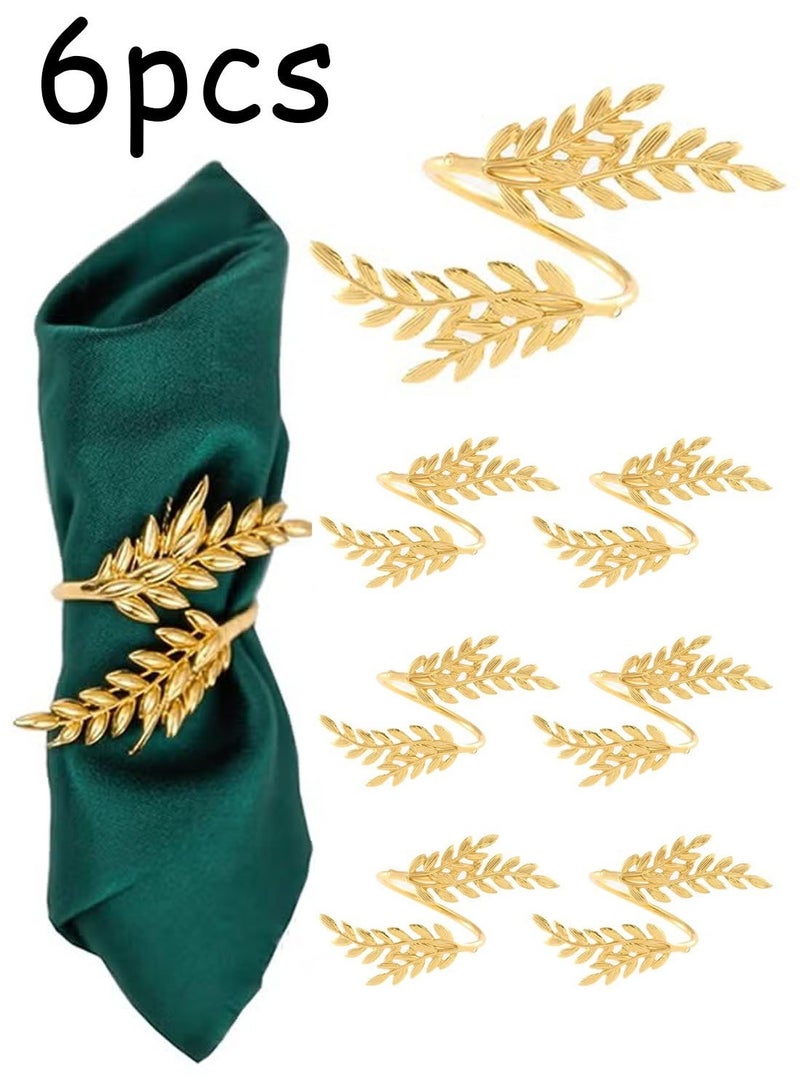 6Pcs Napkin Rings Metal Gold Napkin Rings, Wheat Ear Shape Napkin Holder for Party, Family Dinner Wedding, Table Decorations (Gold) - Image 1