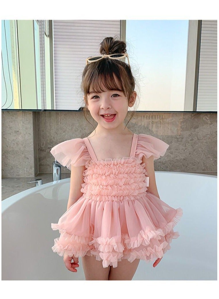 مايوه سباحة للبنات من التول الوردي – بدلة سباحة قطعة واحدة مكشوفة الظهر مع قبعة سباحة متطابقة – 100 سم(5Y) - Image 1