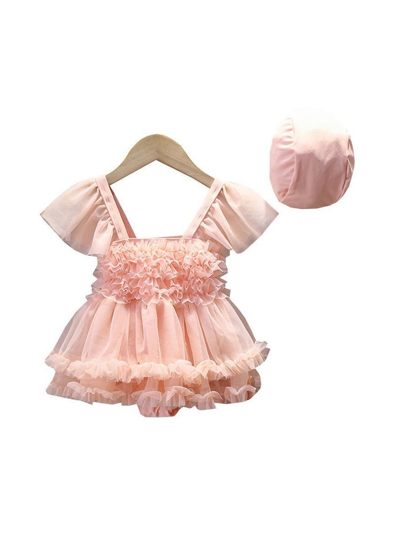 مايوه سباحة للبنات من التول الوردي – بدلة سباحة قطعة واحدة مكشوفة الظهر مع قبعة سباحة متطابقة – 100 سم(5Y) - Image 3