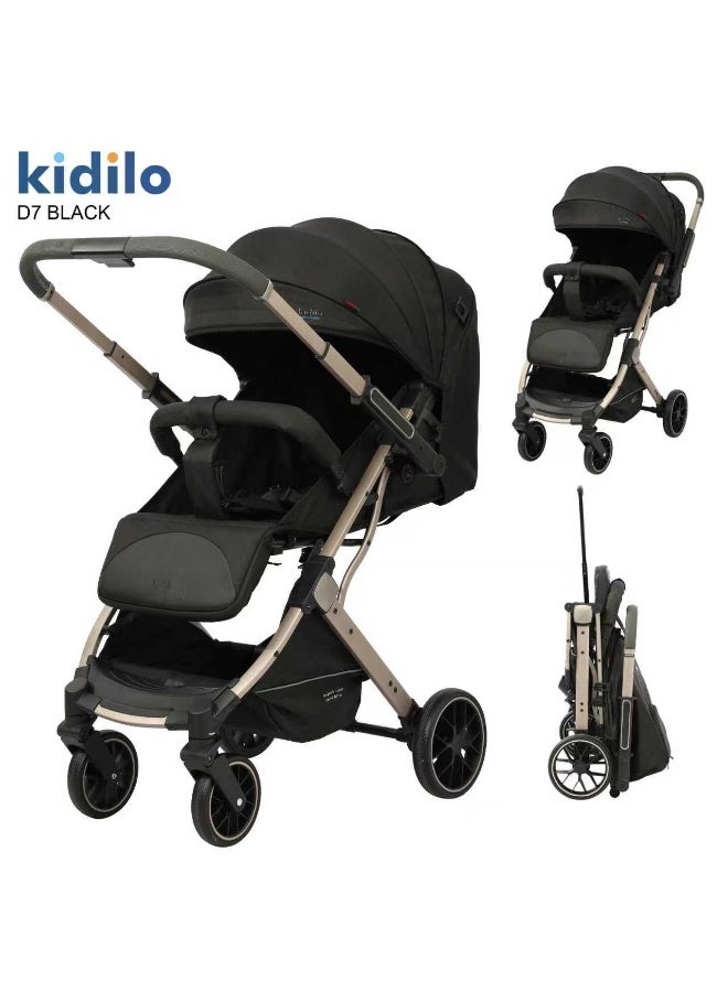 Kidilo D7 Baby Stroller | Compact Foldable Pushchair | Adjustable Reclining Seat | Large Extendable Canopy | Safety Harness & Bumper Bar | Large Wheels | Spacious Storage Basket