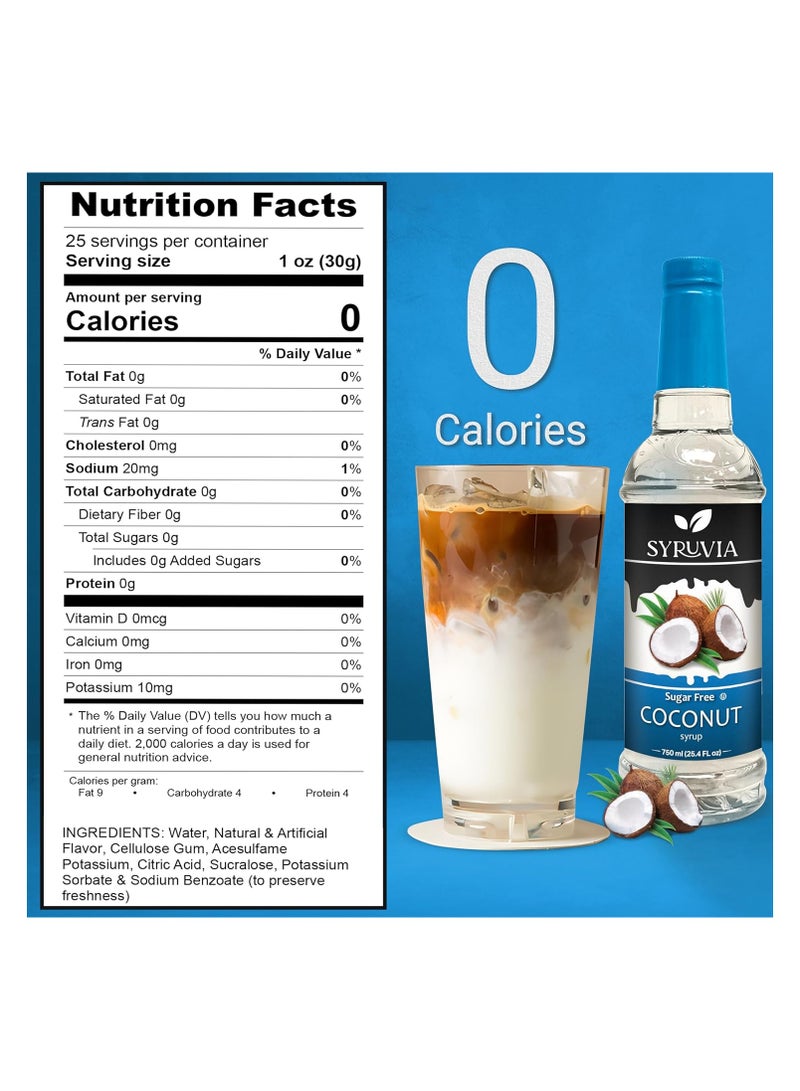 Syruvia Syruvia Sugar-Free Coconut Syrup - 750ml Premium Coffee Flavoring Syrup. 0 Calories, Kosher, and Gluten-Free. Ideal for Drinks, Sodas, Shakes, Desserts, and More.  - Image 2