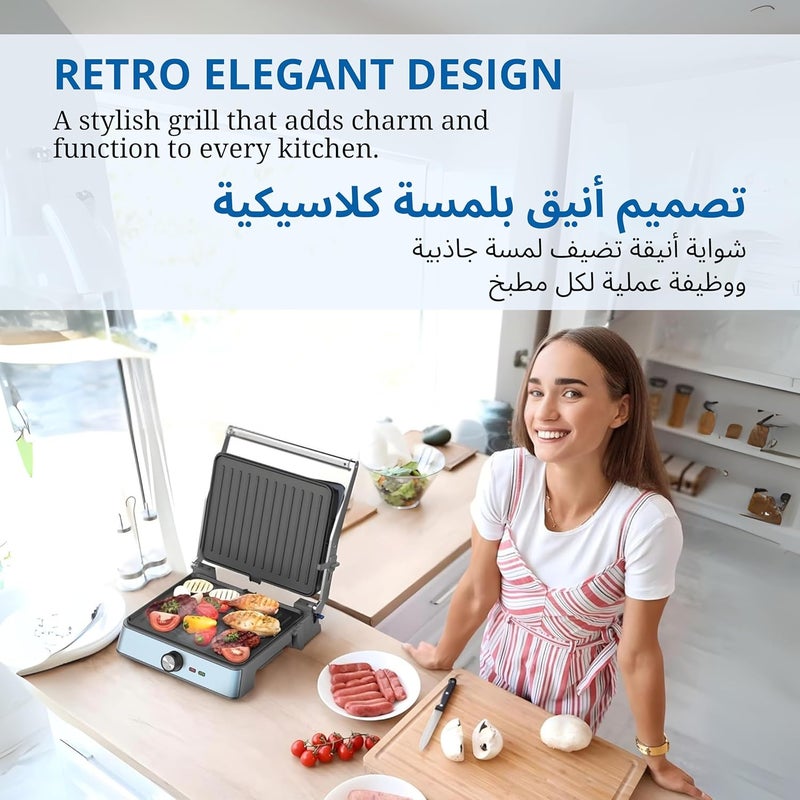 ويستنجهاوس شواية ويستنجهاوس الأمريكية من سلسلة الطراز الرترو (Westinghouse USA Retro Series Contact Grill) – مقاسات 290 × 240 مم – لون أزرق | قوة 2200 واط، إمكانية فتح الشواية بزاوية 180 درجة، تحكم في درجة الحرارة والارتفاع، ألواح غير لاصق�� (نسخة KSA) – ضمان لمدة سنتين - Image 4