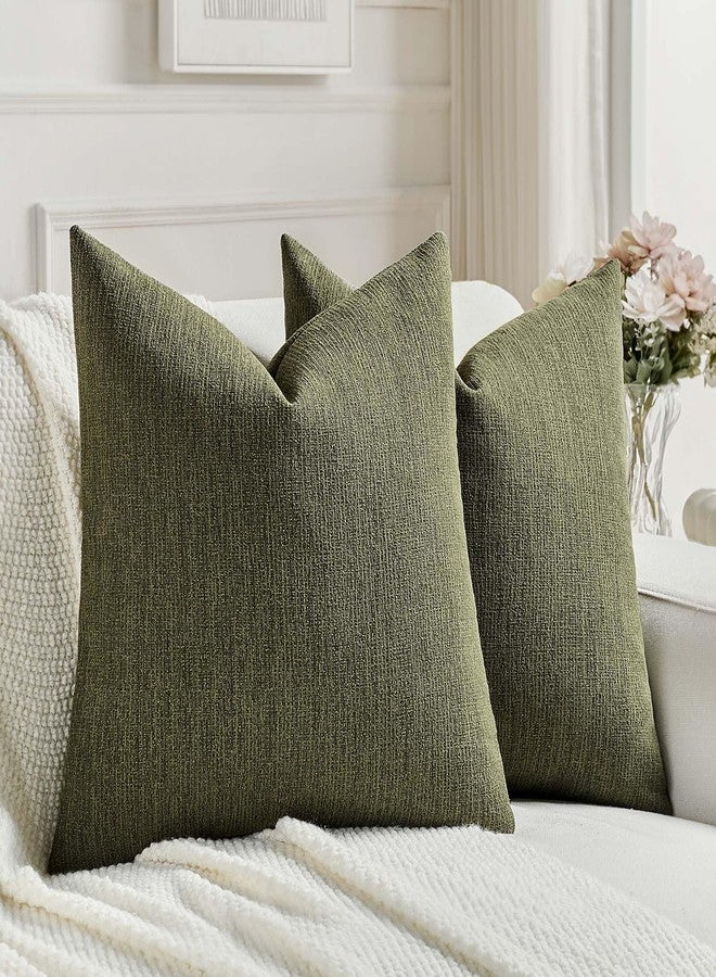 FUTEI Moss Green Chenille Decorative Throw Pillow Covers 18x18 Inch Set of 2,Soft Cozy Faux Linen Textured Cushion Case,Farmhouse Home Decor for Couch Living Room - Image 1