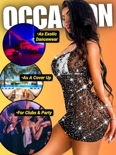 EHSUYAB Sexy Women Club Dress,Sheer Fishnet Rhinestone Poster Dress Party Clubwear Dresses,Rave Stripper Dancer Dancewear Going Out Concert Music Festival Exotic Outfits One Size Plus Size Black - Image 4