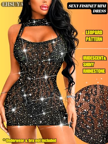EHSUYAB Sexy Women Club Dress,Sheer Fishnet Rhinestone Poster Dress Party Clubwear Dresses,Rave Stripper Dancer Dancewear Going Out Concert Music Festival Exotic Outfits One Size Plus Size Black - Image 2