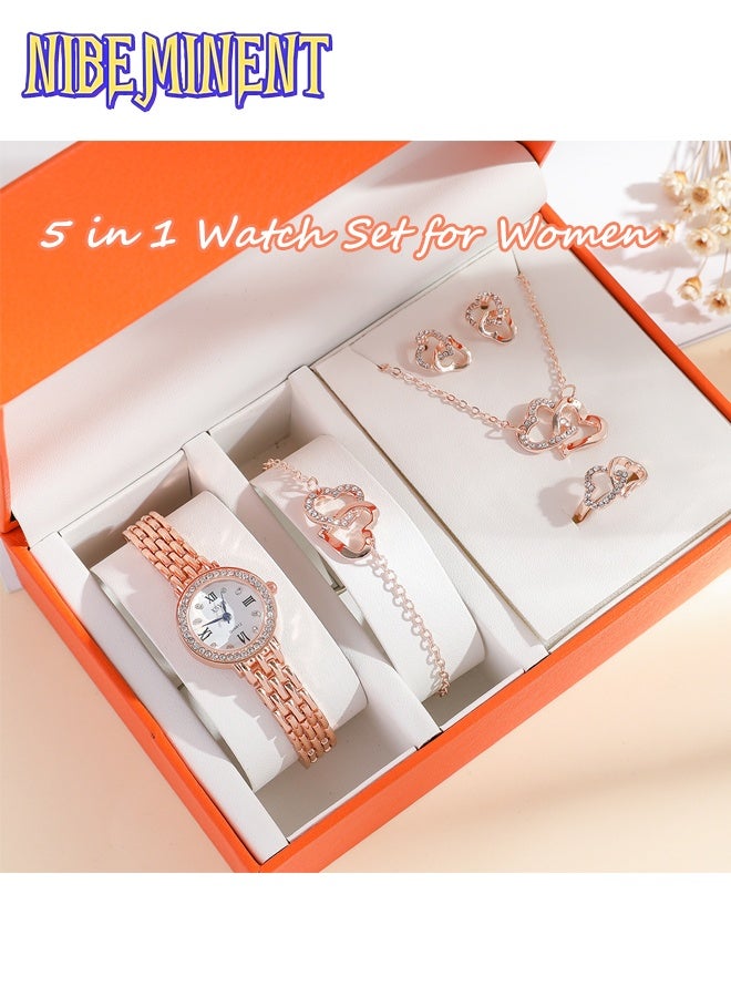 NIBEMINENT 5 in 1 Women's Elegant Watch and Bracelet Set with Watch & Bracelet & Necklace & Ring & Earrings, Jewelry Set Dress Wrist Watch for Ladies Women as Gifts（Rose Gold） - Image 1