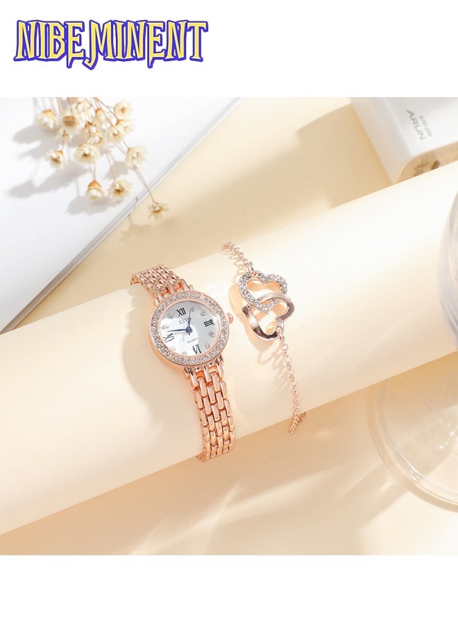 NIBEMINENT 5 in 1 Women's Elegant Watch and Bracelet Set with Watch & Bracelet & Necklace & Ring & Earrings, Jewelry Set Dress Wrist Watch for Ladies Women as Gifts（Rose Gold） - Image 3