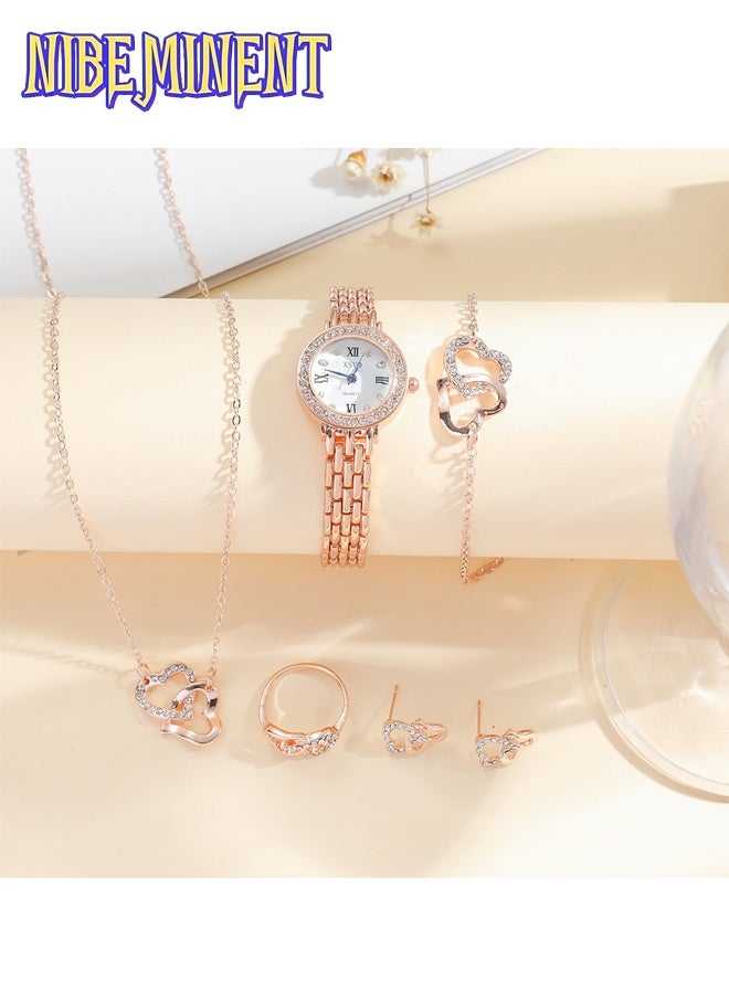 NIBEMINENT 5 in 1 Women's Elegant Watch and Bracelet Set with Watch & Bracelet & Necklace & Ring & Earrings, Jewelry Set Dress Wrist Watch for Ladies Women as Gifts（Rose Gold） - Image 2