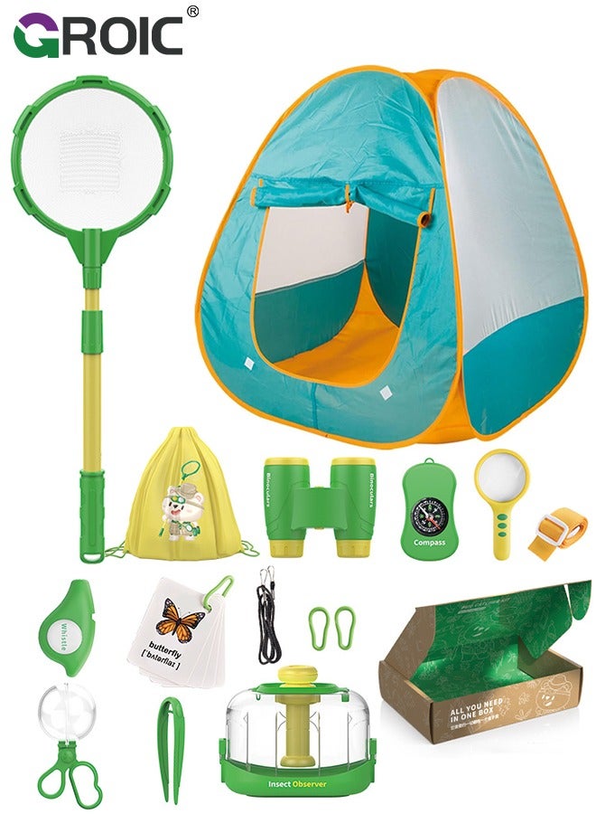 GROIC 15 Pcs Kids Explorer Kit, Pop Up Tent with Kids Camping Gear Set, Bug Catcher Kit for Kids,Outdoor Toys Camping Tools Set for Kids, STEM Educational Toy Binoculars & More for Nature Exploration - Image 1