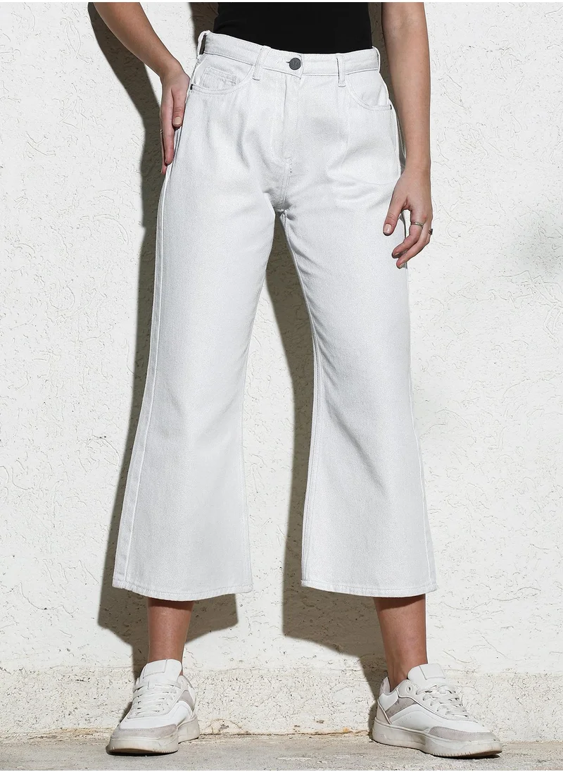 كامبوس سوترا Women's Ecru White Dark-Wash Flared Denim Jeans For Casual Wear | High-Waist | Relaxed Fit | Button Closure | Denim Jeans Crafted With Comfort Fit For Everyday Wear