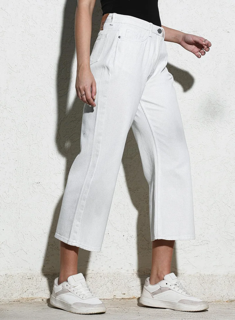 Campus Sutra Women's Ecru White Dark-Wash Flared Denim Jeans For Casual Wear | High-Waist | Relaxed Fit | Button Closure | Denim Jeans Crafted With Comfort Fit For Everyday Wear