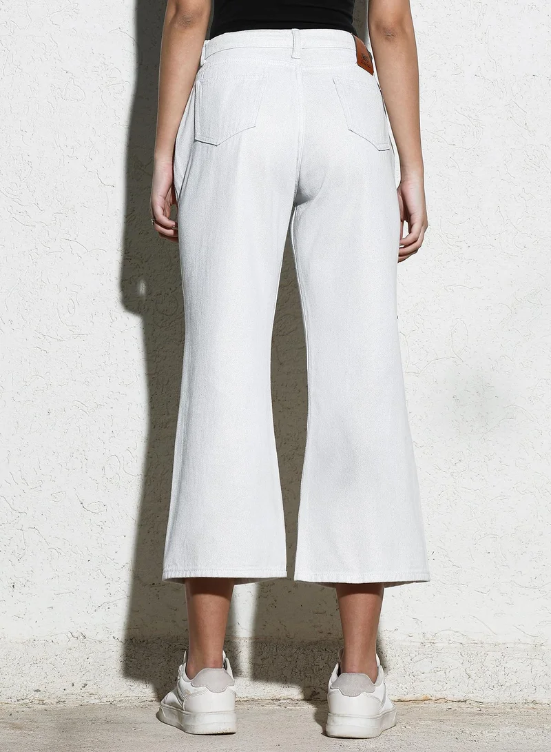 Campus Sutra Women's Ecru White Dark-Wash Flared Denim Jeans For Casual Wear | High-Waist | Relaxed Fit | Button Closure | Denim Jeans Crafted With Comfort Fit For Everyday Wear