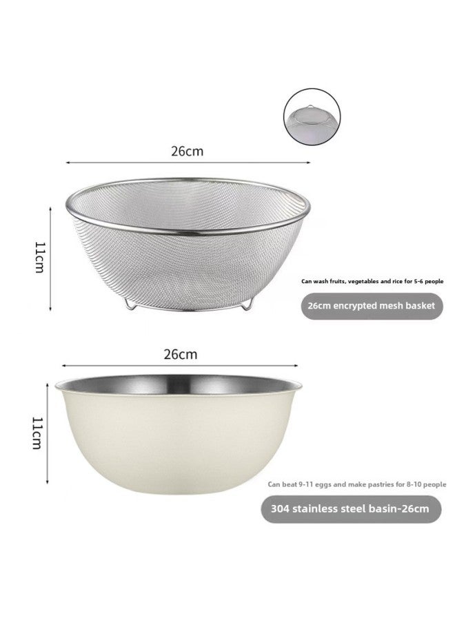304 Stainless Steel Drain Basket For Vegetable Washing Blue Vegetable Basin With Scale Salad Bowl Rice Washing Egg Basin Drain Basin Set-Specifications:26CM-off-white-304 Basin-two-piece Set-Color:Two Colors Available - Image 1