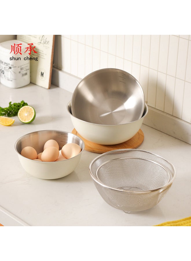 304 Stainless Steel Drain Basket For Vegetable Washing Blue Vegetable Basin With Scale Salad Bowl Rice Washing Egg Basin Drain Basin Set-Specifications:26CM-off-white-304 Basin-two-piece Set-Color:Two Colors Available - Image 2