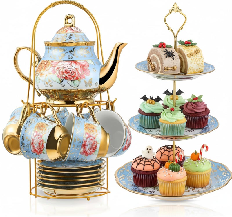 Maxcheck 21 Pcs Porcelain Tea Set for Women Tea Party with Metal Holder and 3 Tier Cake Stand Ceramic European Floral Teapot Set for Adults Mother's Day Christmas Thoughtful Gift(Advanced Style) - Image 1