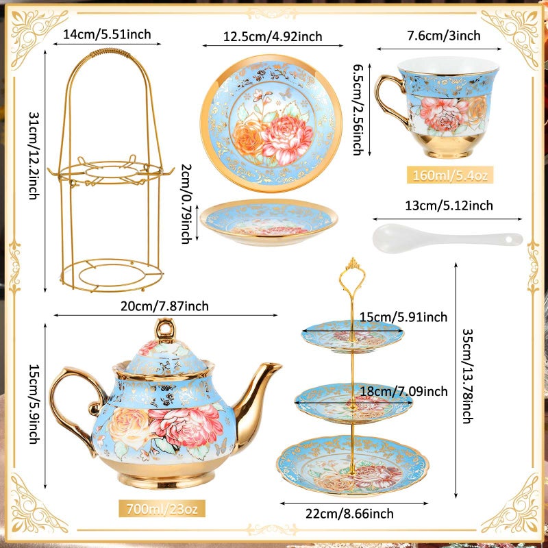 Maxcheck 21 Pcs Porcelain Tea Set for Women Tea Party with Metal Holder and 3 Tier Cake Stand Ceramic European Floral Teapot Set for Adults Mother's Day Christmas Thoughtful Gift(Advanced Style) - Image 2