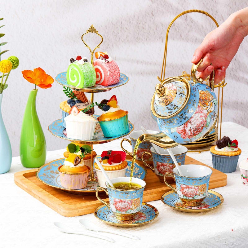 Maxcheck 21 Pcs Porcelain Tea Set for Women Tea Party with Metal Holder and 3 Tier Cake Stand Ceramic European Floral Teapot Set for Adults Mother's Day Christmas Thoughtful Gift(Advanced Style) - Image 3