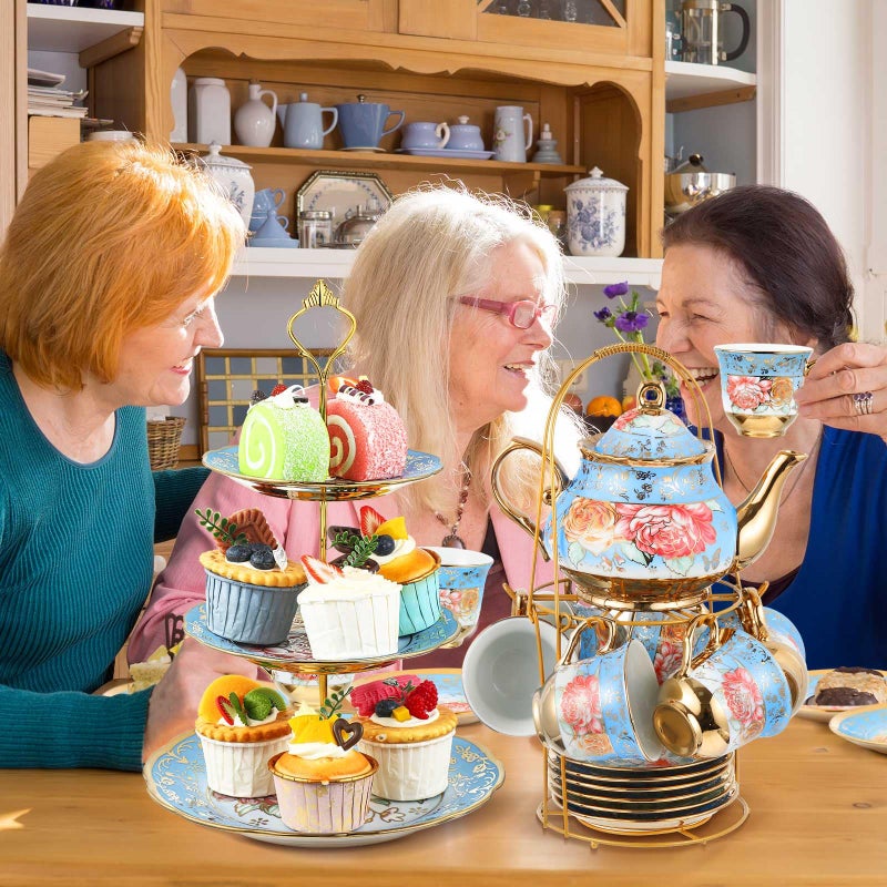 Maxcheck 21 Pcs Porcelain Tea Set for Women Tea Party with Metal Holder and 3 Tier Cake Stand Ceramic European Floral Teapot Set for Adults Mother's Day Christmas Thoughtful Gift(Advanced Style) - Image 4