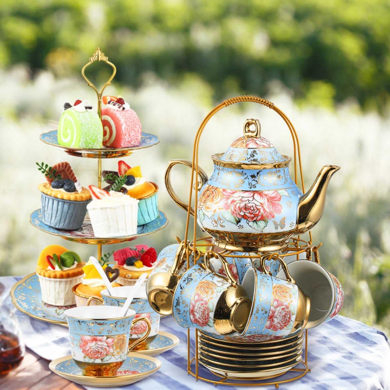 Maxcheck 21 Pcs Porcelain Tea Set for Women Tea Party with Metal Holder and 3 Tier Cake Stand Ceramic European Floral Teapot Set for Adults Mother's Day Christmas Thoughtful Gift(Advanced Style) - Image 5