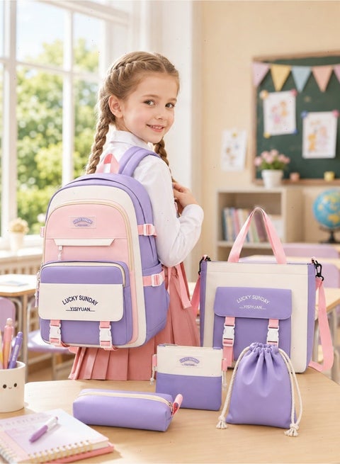 Large Capacity School Bags for Girls, 5Pcs School Backpack Set with Lunch Bag, Pencil Case, Handbag, Coin Purse for Students