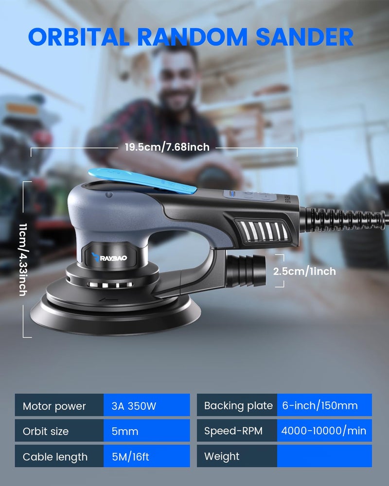 RAYBAO Power Random Orbit Sanders, Electric Sander 5.0mm 6Inch 350W Low Vibration Orbital Sander, 6 Variable Speed (MAX 10000RPM), Handheld Palm Sanders for Woodworking, 10 Sanding Discs, Cord 5M - Image 3