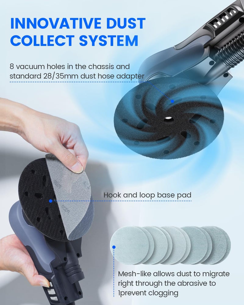 RAYBAO Power Random Orbit Sanders, Electric Sander 5.0mm 6Inch 350W Low Vibration Orbital Sander, 6 Variable Speed (MAX 10000RPM), Handheld Palm Sanders for Woodworking, 10 Sanding Discs, Cord 5M - Image 5
