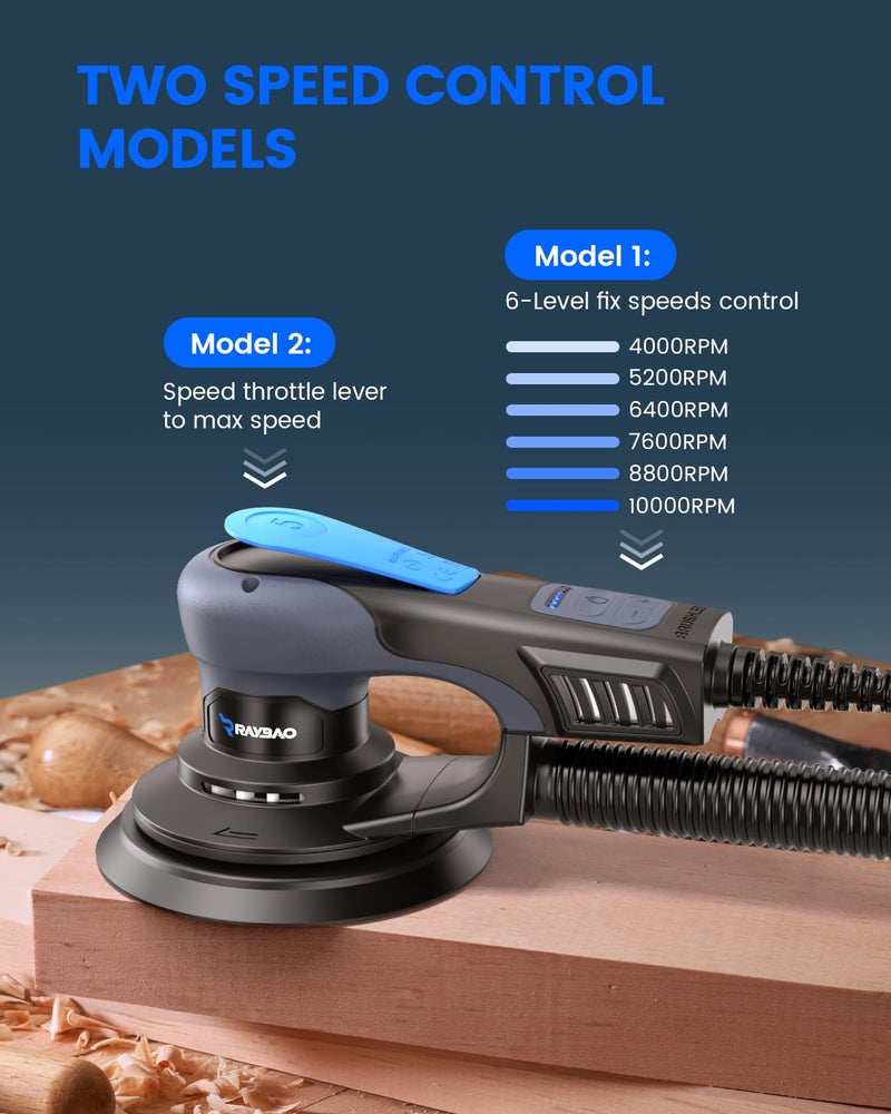 RAYBAO Power Random Orbit Sanders, Electric Sander 5.0mm 6Inch 350W Low Vibration Orbital Sander, 6 Variable Speed (MAX 10000RPM), Handheld Palm Sanders for Woodworking, 10 Sanding Discs, Cord 5M - Image 4