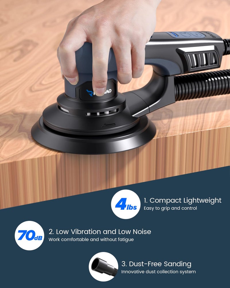 RAYBAO Power Random Orbit Sanders, Electric Sander 5.0mm 6Inch 350W Low Vibration Orbital Sander, 6 Variable Speed (MAX 10000RPM), Handheld Palm Sanders for Woodworking, 10 Sanding Discs, Cord 5M - Image 2