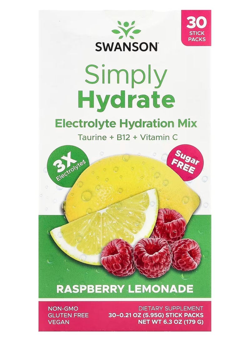 Swanson, Simply Hydrate, Electrolyte Hydration Mix, Raspberry Lemonade, 30 Stick Packs, 0.21 oz (5.95 g) Each