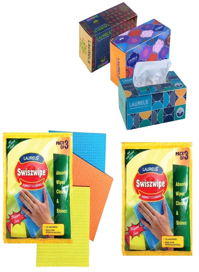 LAURELS® Swiszwipe Sponge Multipurpose Foam Wipes 1 Count (Pack of 3) with 3 Ply Facial Tissue Paper/Car Tissue Box 200 Pulls Per Box 1 Count (Pack of 3) - Image 1