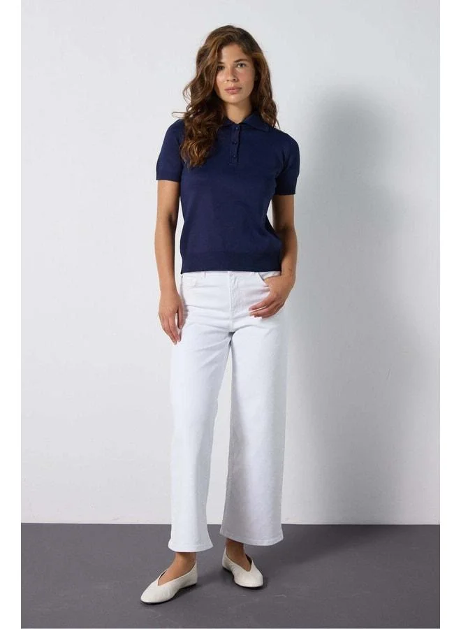 mina aise Women's Navy Short Sleeve Polo Collar Buttoned Knit Sweater 5273.
