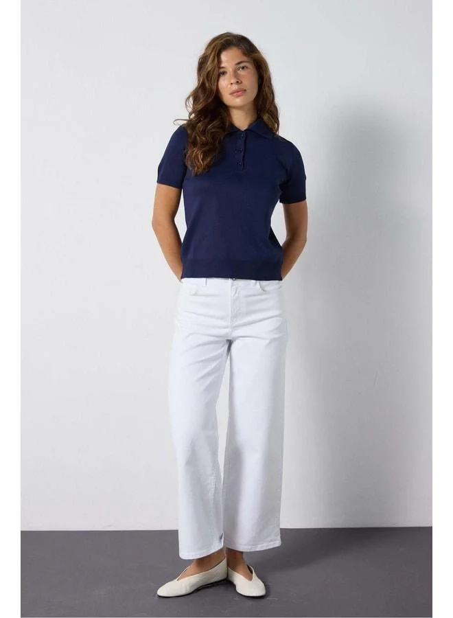 mina aise Women's Navy Short Sleeve Polo Collar Buttoned Knit Sweater 5273.