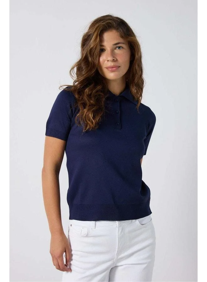 mina aise Women's Navy Short Sleeve Polo Collar Buttoned Knit Sweater 5273.