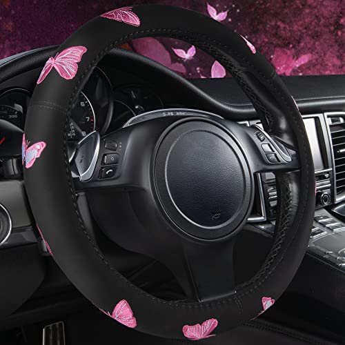 Car Pass Pink Embroidery Butterfly Steering Wheel Cover, Universal 15 Inch Car Wheel Cover for Women Girls, Fit for Suvs,Small Trucks,Sedans,Cars (Black and Pink) - Image 1