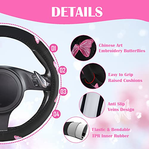 Car Pass Pink Embroidery Butterfly Steering Wheel Cover, Universal 15 Inch Car Wheel Cover for Women Girls, Fit for Suvs,Small Trucks,Sedans,Cars (Black and Pink) - Image 3
