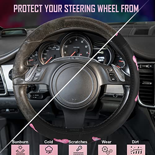 Car Pass Pink Embroidery Butterfly Steering Wheel Cover, Universal 15 Inch Car Wheel Cover for Women Girls, Fit for Suvs,Small Trucks,Sedans,Cars (Black and Pink) - Image 2