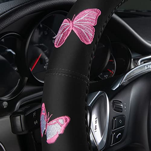 Car Pass Pink Embroidery Butterfly Steering Wheel Cover, Universal 15 Inch Car Wheel Cover for Women Girls, Fit for Suvs,Small Trucks,Sedans,Cars (Black and Pink) - Image 4