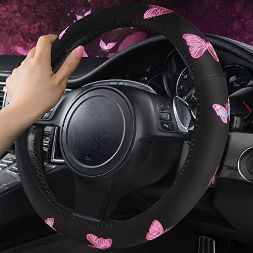 Car Pass Pink Embroidery Butterfly Steering Wheel Cover, Universal 15 Inch Car Wheel Cover for Women Girls, Fit for Suvs,Small Trucks,Sedans,Cars (Black and Pink) - Image 5