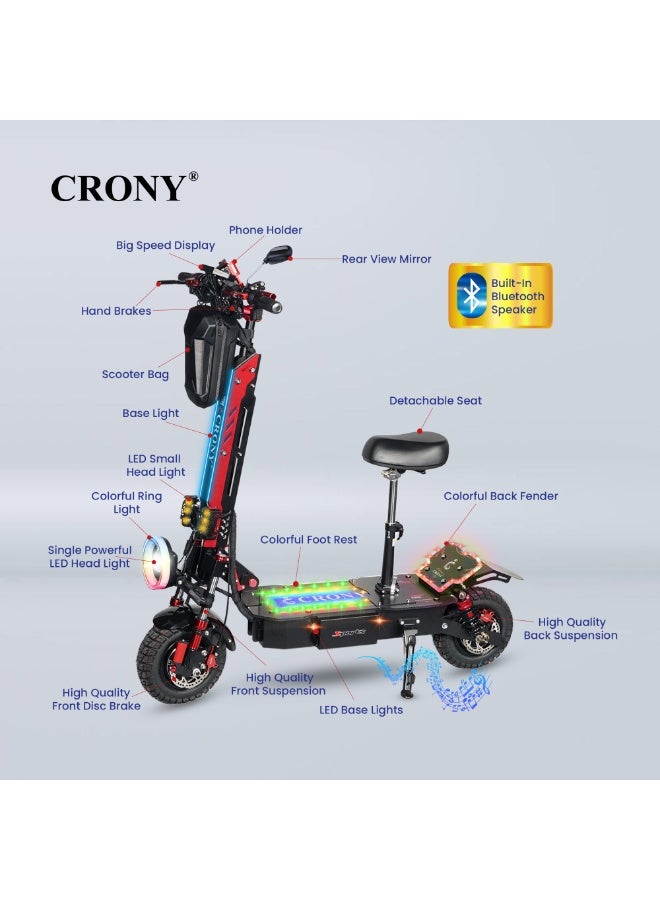 كروني سكوتر كهربائي Mk-11 بقوة 8000 واط، سرعة قصوى تصل إلى 99 كم/ساعة، مدى 55-80 كم ببطارية 60 فولت/28 أمبير/ساعة، نظام تعليق هيدروليكي مزدوج المحرك أمامي وخلفي، فرامل قرصية مزدوجة، إطارات 11 بوصة للطرق الوعرة، هيكل من سبائك الألومنيوم، إضاءة RGB، مكبر صوت بلوتوث، شاشة LCD كبيرة - أداء مثالي للقيادة في المناطق الحضرية والطرق الوعرة. - Image 2