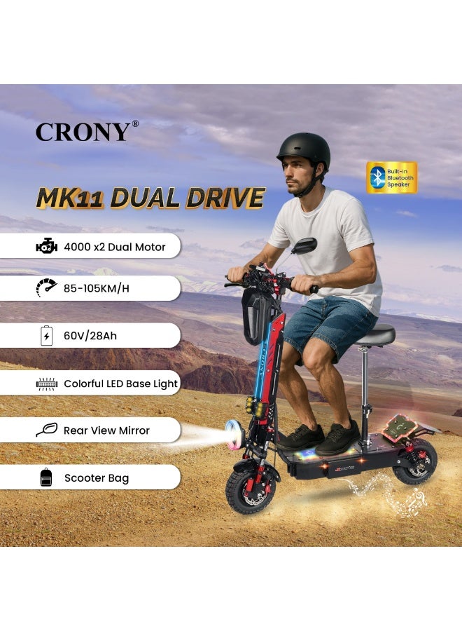 كروني سكوتر كهربائي Mk-11 بقوة 8000 واط، سرعة قصوى تصل إلى 99 كم/ساعة، مدى 55-80 كم ببطارية 60 فولت/28 أمبير/ساعة، نظام تعليق هيدروليكي مزدوج المحرك أمامي وخلفي، فرامل قرصية مزدوجة، إطارات 11 بوصة للطرق الوعرة، هيكل من سبائك الألومنيوم، إضاءة RGB، مكبر صوت بلوتوث، شاشة LCD كبيرة - أداء مثالي للقيادة في المناطق الحضرية والطرق الوعرة. - Image 3