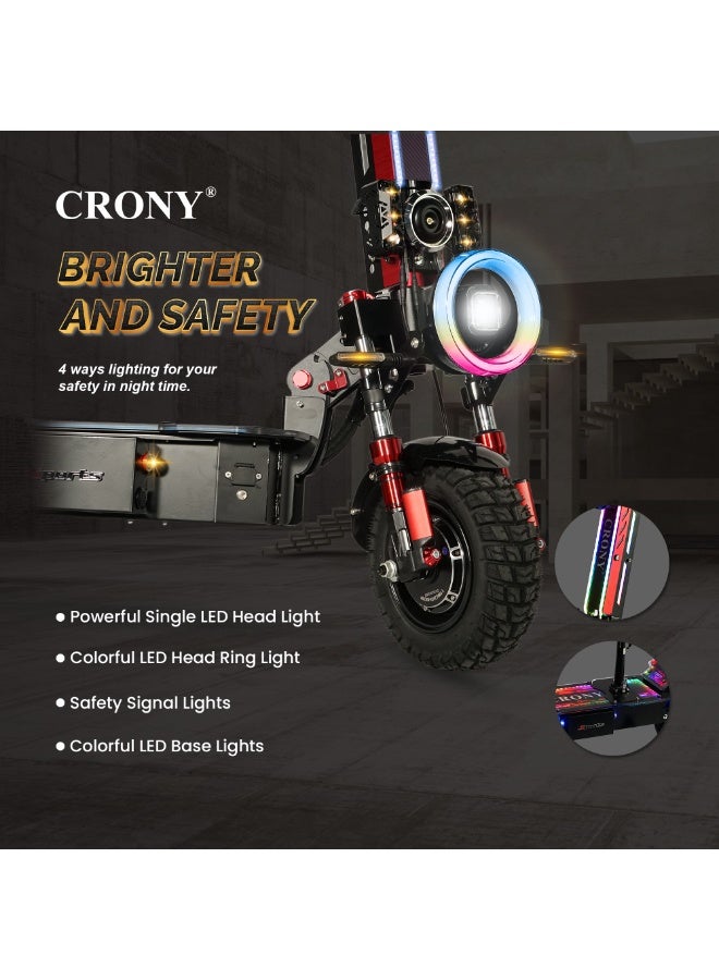 كروني سكوتر كهربائي Mk-11 بقوة 8000 واط، سرعة قصوى تصل إلى 99 كم/ساعة، مدى 55-80 كم ببطارية 60 فولت/28 أمبير/ساعة، نظام تعليق هيدروليكي مزدوج المحرك أمامي وخلفي، فرامل قرصية مزدوجة، إطارات 11 بوصة للطرق الوعرة، هيكل من سبائك الألومنيوم، إضاءة RGB، مكبر صوت بلوتوث، شاشة LCD كبيرة - أداء مثالي للقيادة في المناطق الحضرية والطرق الوعرة. - Image 4