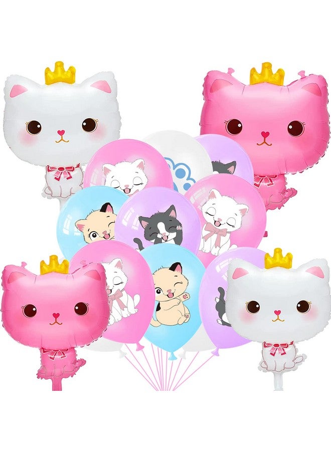 umoni Cat Party Balloons Kitty Balloons for Birthday Decoration 16 Cartoon Cat Print Latex Balloons 4 Crown Cat Foil Balloons for Cat Theme Birthday Party Baby Shower Supplies - Image 1
