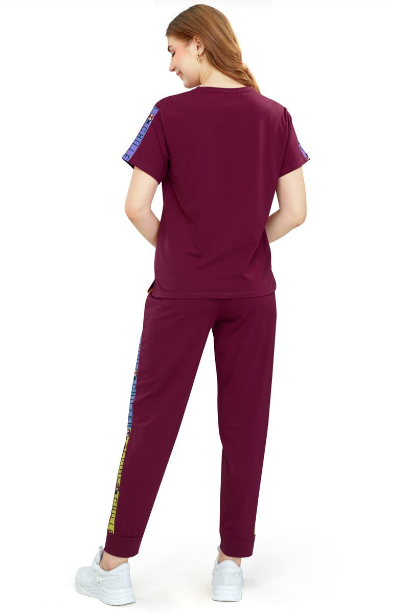 ZEYO Women's Cotton Maroon Typography Side Striped Night Suit Set of Top & Joggers - Image 5