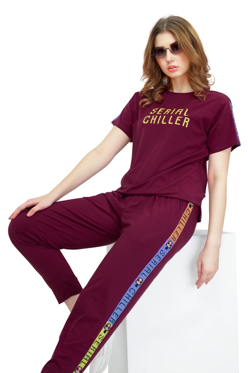 ZEYO Women's Cotton Maroon Typography Side Striped Night Suit Set of Top & Joggers - Image 3