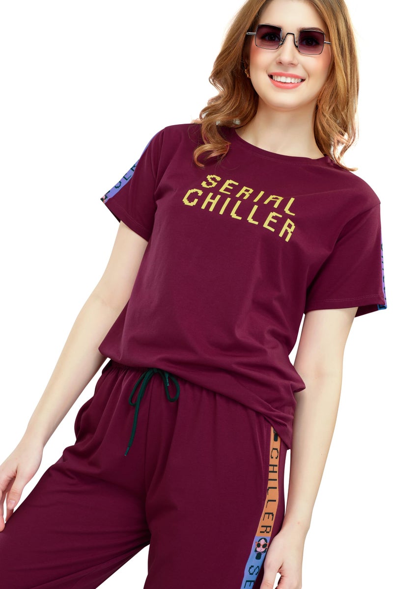 ZEYO Women's Cotton Maroon Typography Side Striped Night Suit Set of Top & Joggers - Image 2