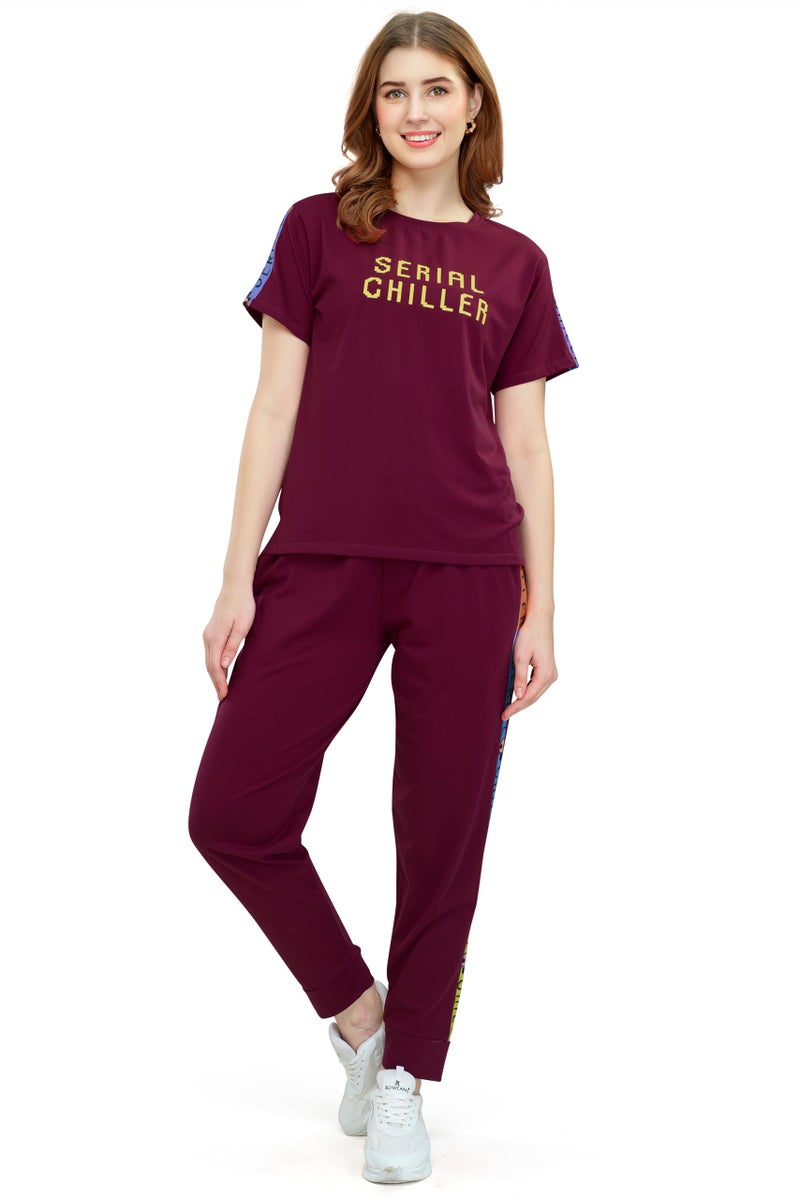 ZEYO Women's Cotton Maroon Typography Side Striped Night Suit Set of Top & Joggers - Image 1