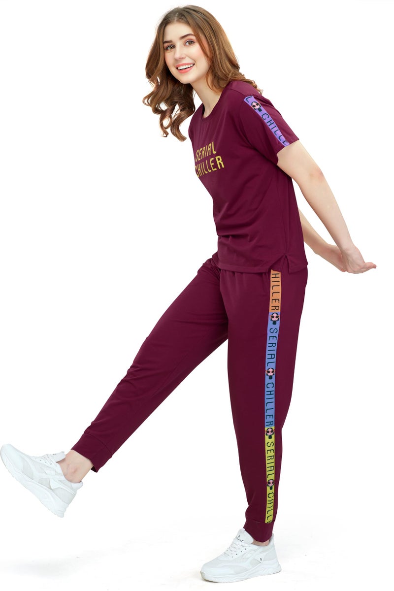 ZEYO Women's Cotton Maroon Typography Side Striped Night Suit Set of Top & Joggers - Image 4