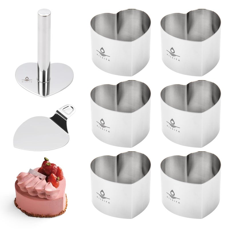 Hilsita Heart Cake Ring Molds, Seamless Stainless Steel Cake Cutter For Baking, 3 inch Cooking Rings with Pusher & Lifter, Dessert Mousse Molds Baking Tools, Includes 1 Pusher, 1 Lifter and 6 Rings - Image 1