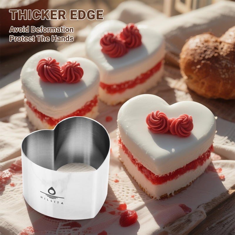 Hilsita Heart Cake Ring Molds, Seamless Stainless Steel Cake Cutter For Baking, 3 inch Cooking Rings with Pusher & Lifter, Dessert Mousse Molds Baking Tools, Includes 1 Pusher, 1 Lifter and 6 Rings - Image 4